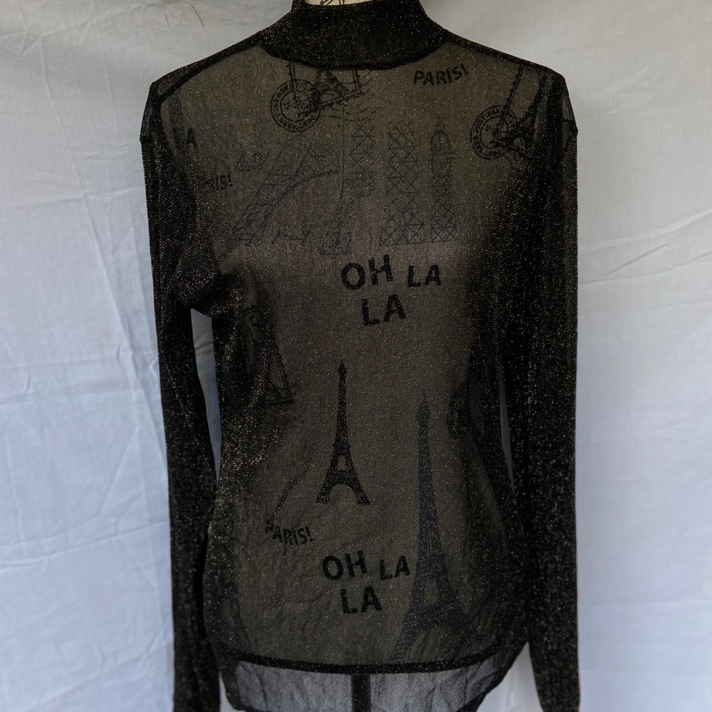 Mango Black Sheer Paris Print Blouse